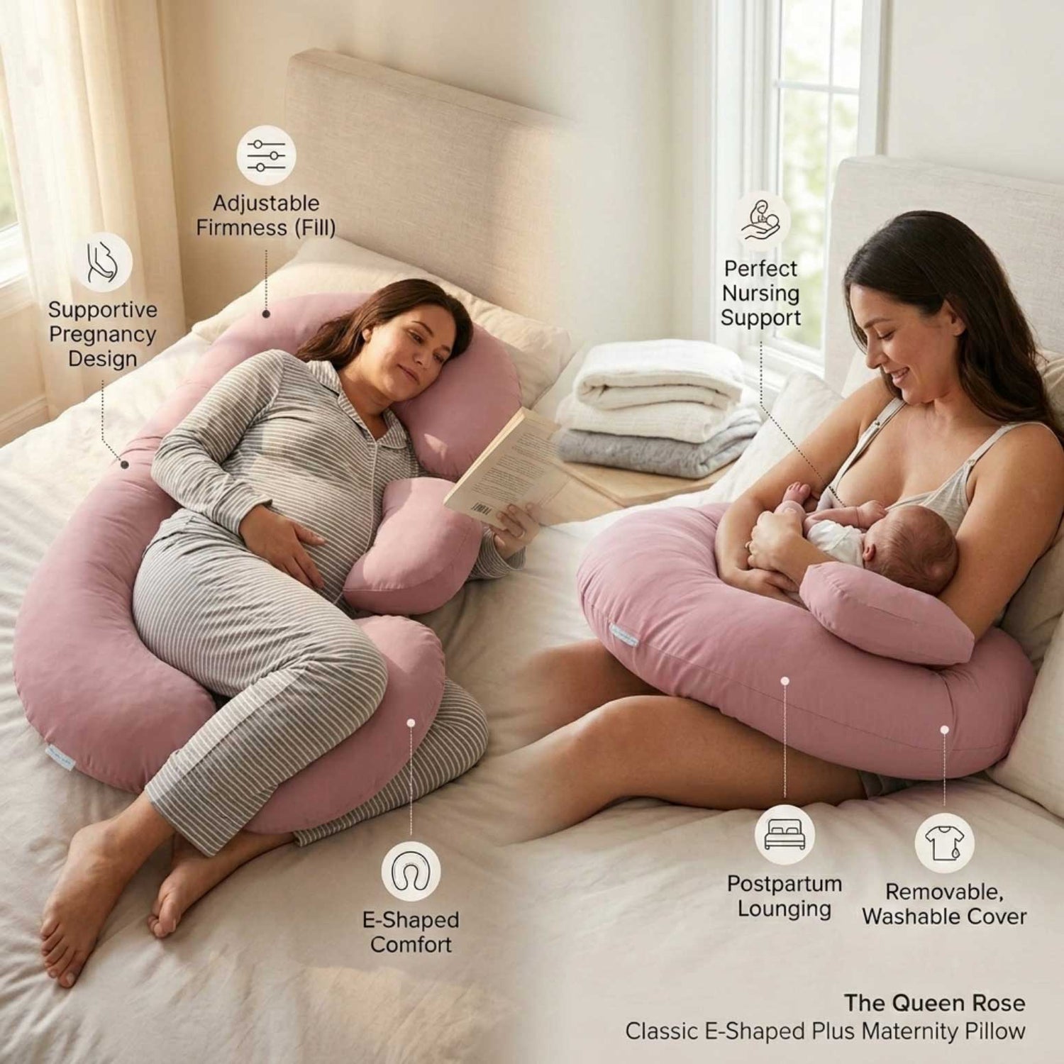 E-shaped maternity pillow guide for travel, third trimester and postpartum nursing support